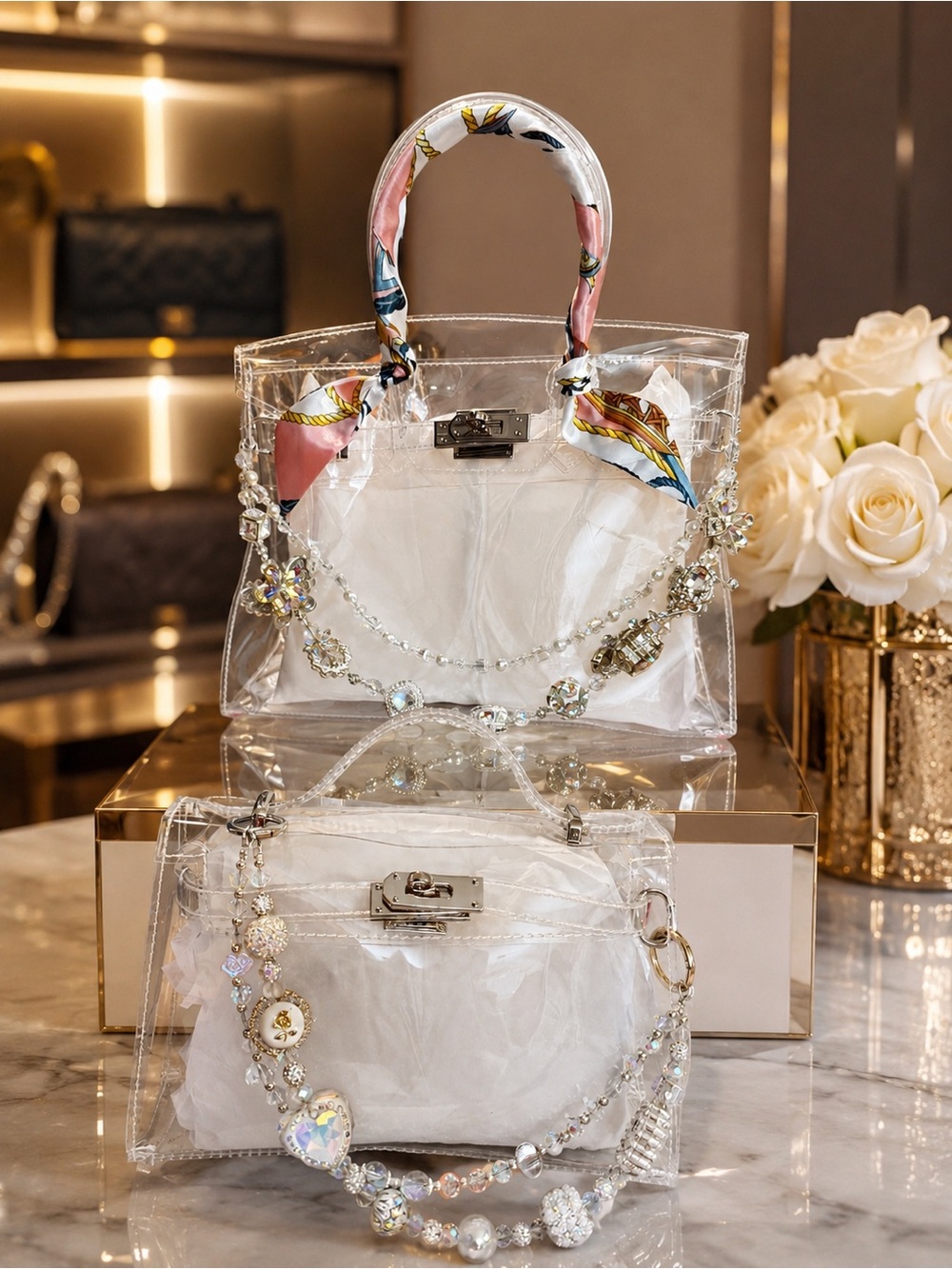 Transparent Crystal-Embellished Tote Bag with Pink Scarf Handle
